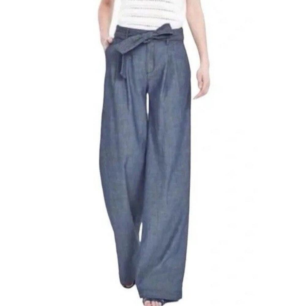 Banana Republic Chambray Wide Leg Tie Belt Pants Size 14 Casual Coastal Cruise